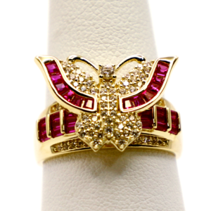 Butterfly ring w/ red & white stones
